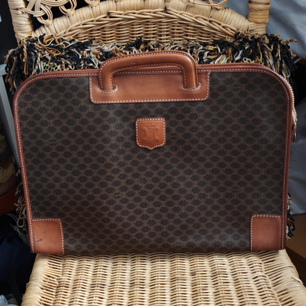 Celine Brown Monogram Leather-Trim Briefcase - Picture 1 of 16